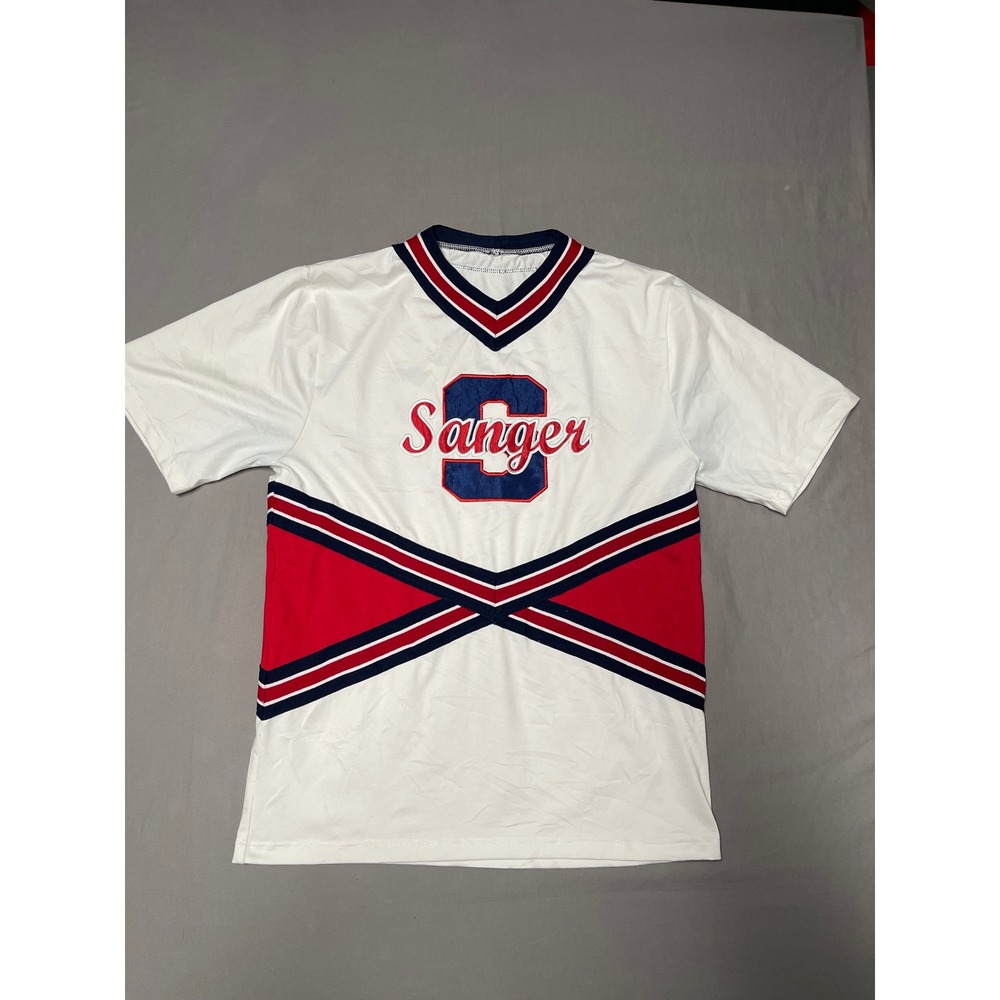 DA Designs Dancewear Sanger Cheerleading Top White Red Navy Blue V-Neck Medium